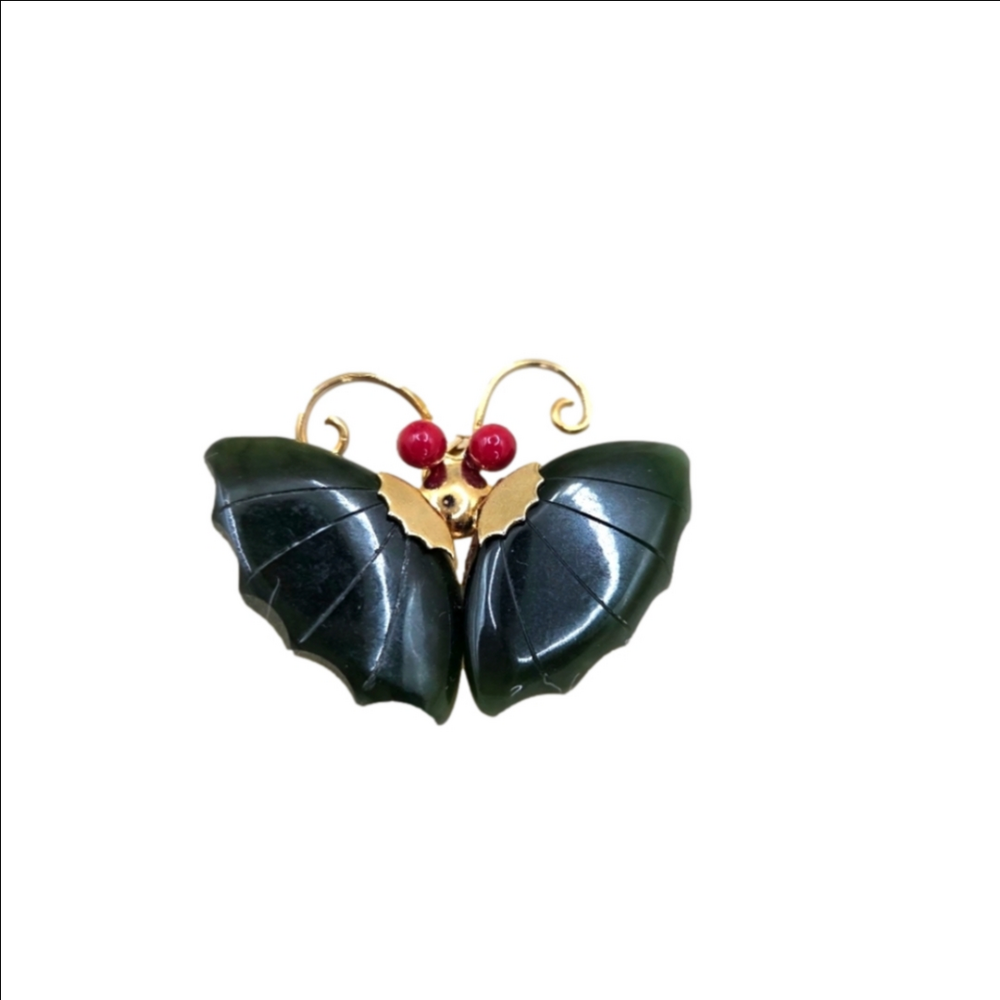 Jade Dynasty Jade Coral Gold Butterfly Pendant Brooch